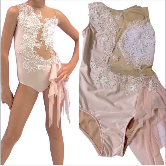 Glamour solo dance costume blush pink lace lyrical rhinestones SA-Small adult - Picture 1 of 14